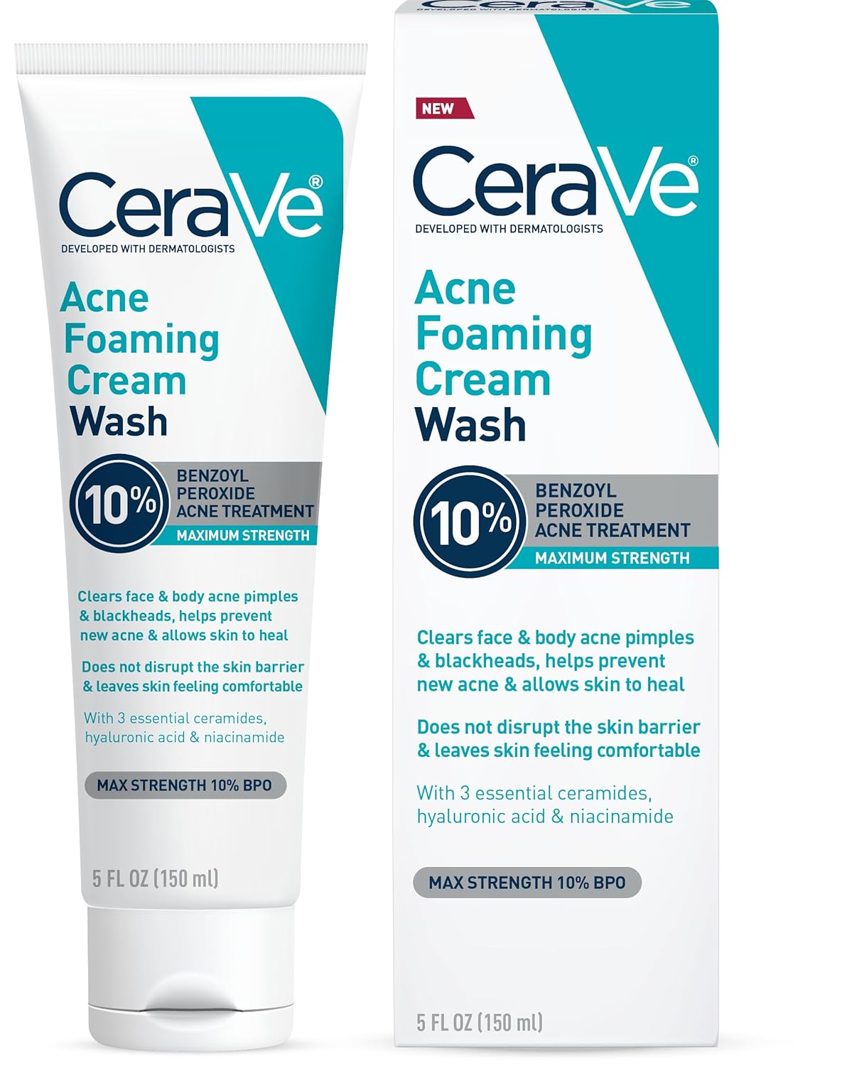 Cerave-acne-foaming-cream-10.jpg Cerave Acne Foaming Cream Wash 10% Benzoyl Peroxide Acne Treatment 5 FL OZ (150ML) - Image 1